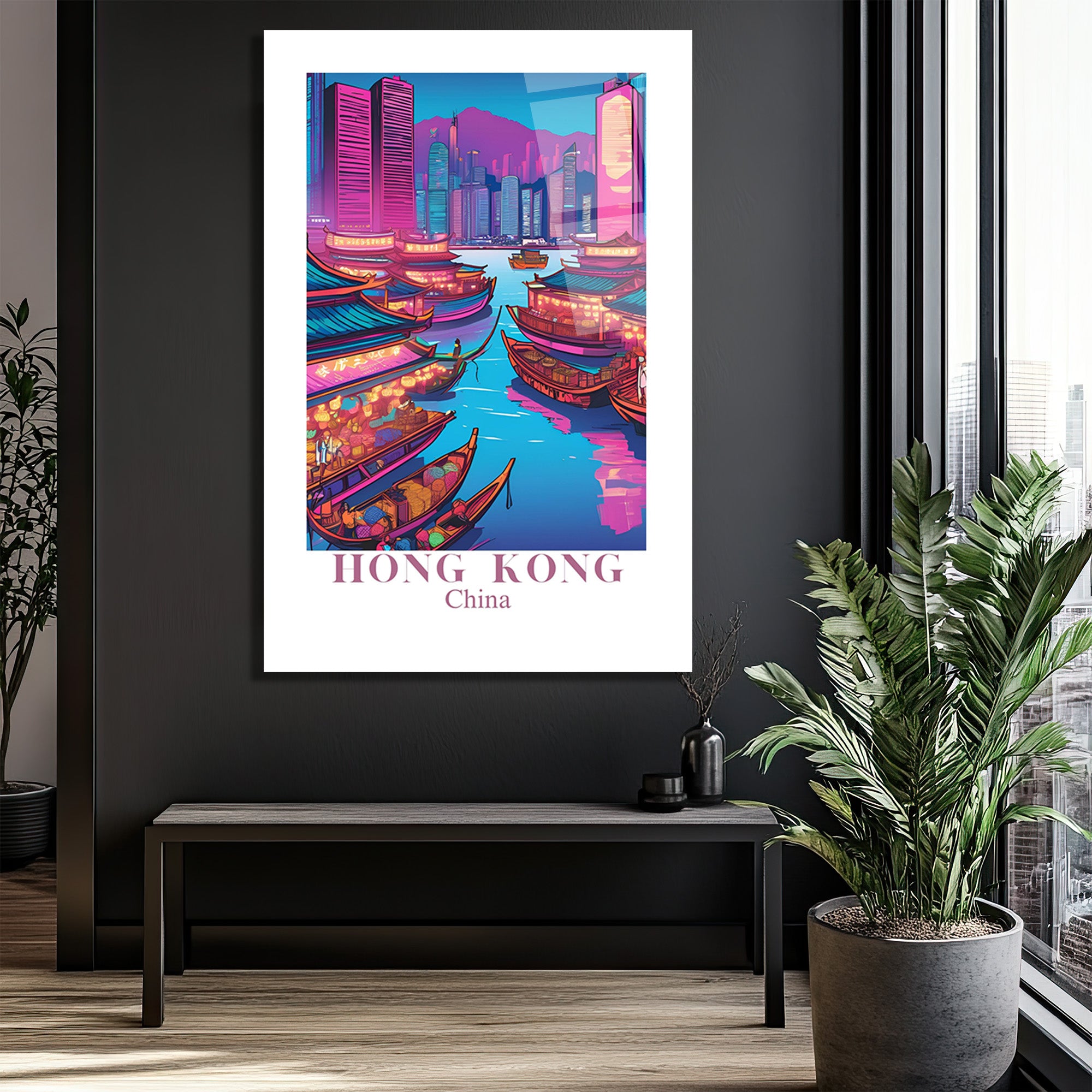 Hong Kong Neon Işıkları Cam Tablo - Şehir Manzarası