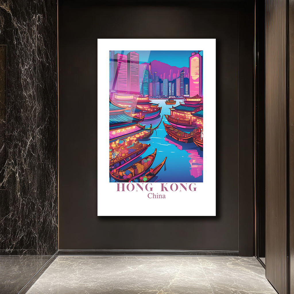 Hong Kong Neon Işıkları Cam Tablo - Şehir Manzarası
