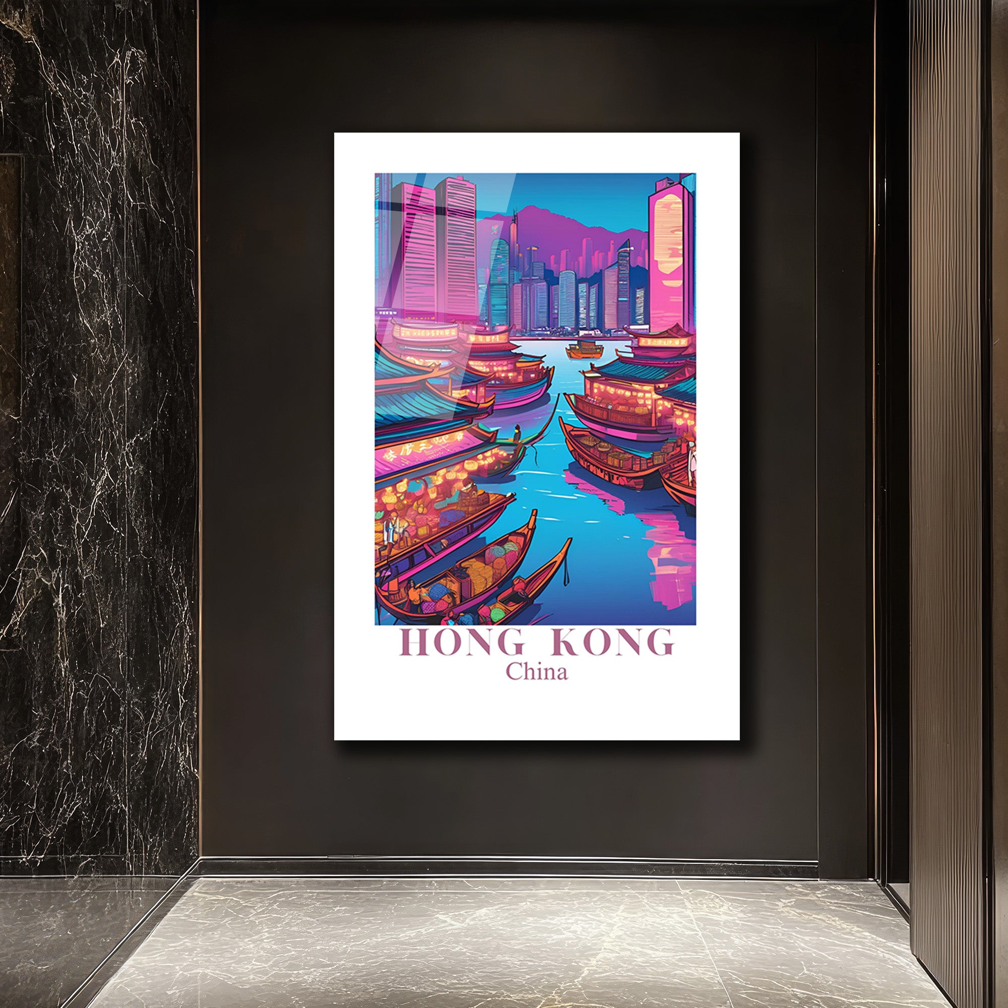 Hong Kong Neon Işıkları Cam Tablo - Şehir Manzarası