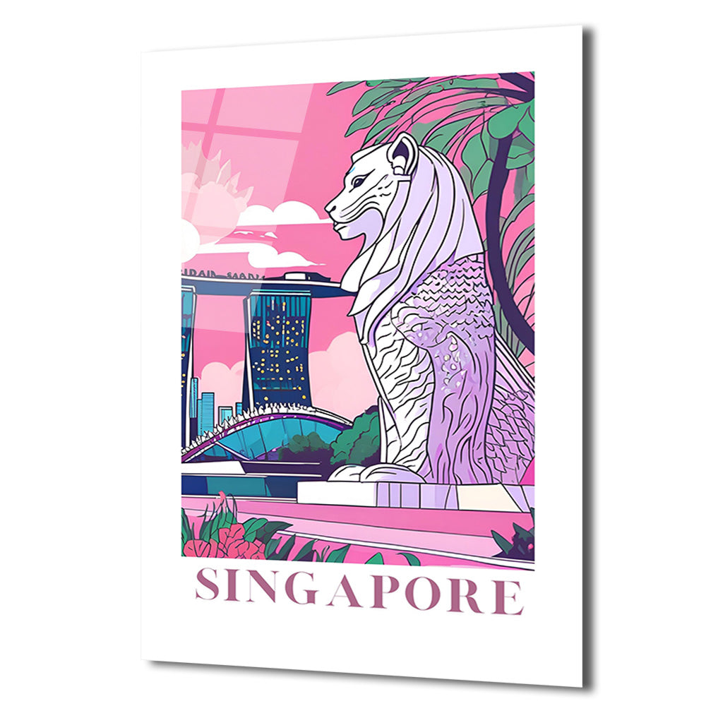 Singapur Merlion Marina Bay Sands Pembe Tonlu Modern Cam Tablo