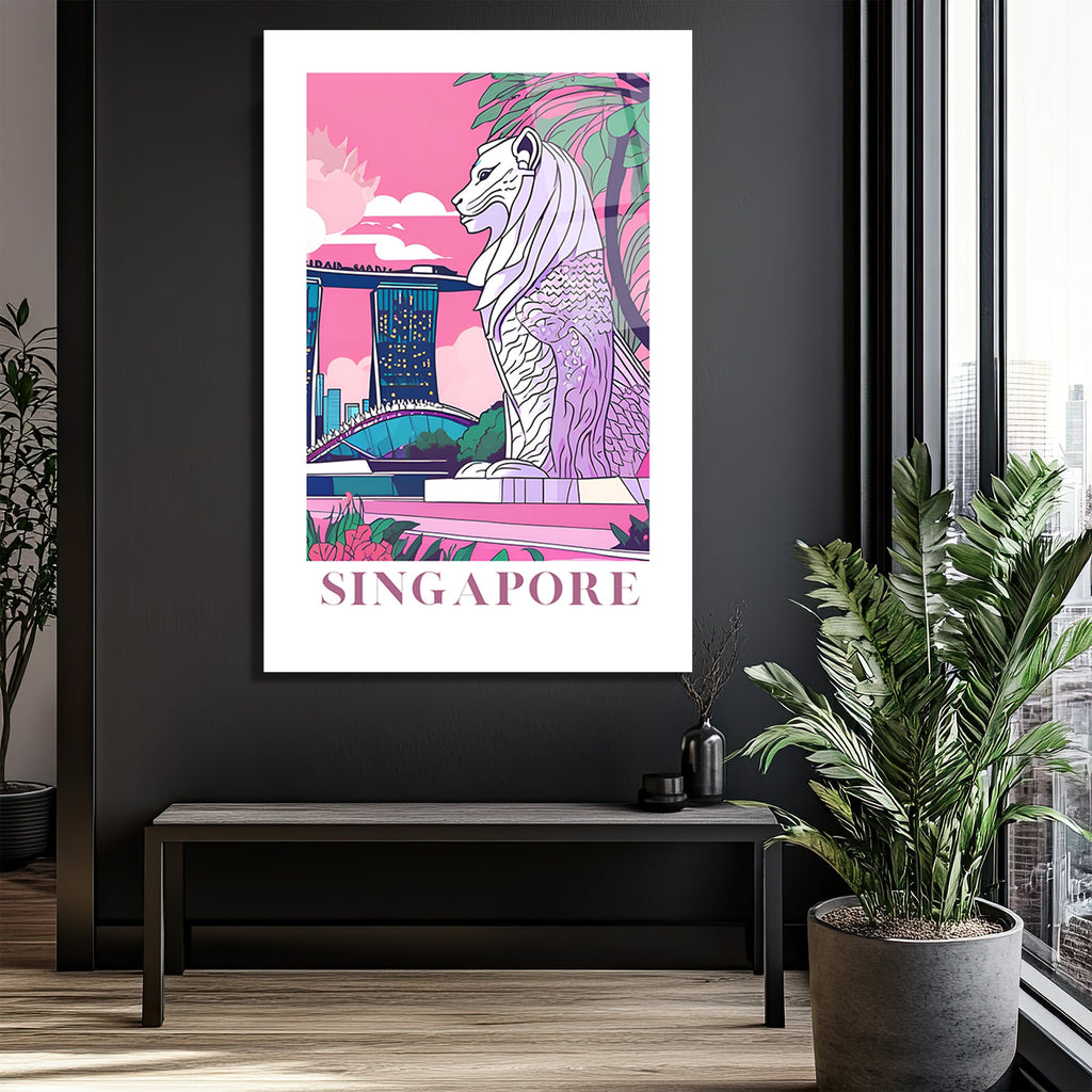 Singapur Merlion Marina Bay Sands Pembe Tonlu Modern Cam Tablo