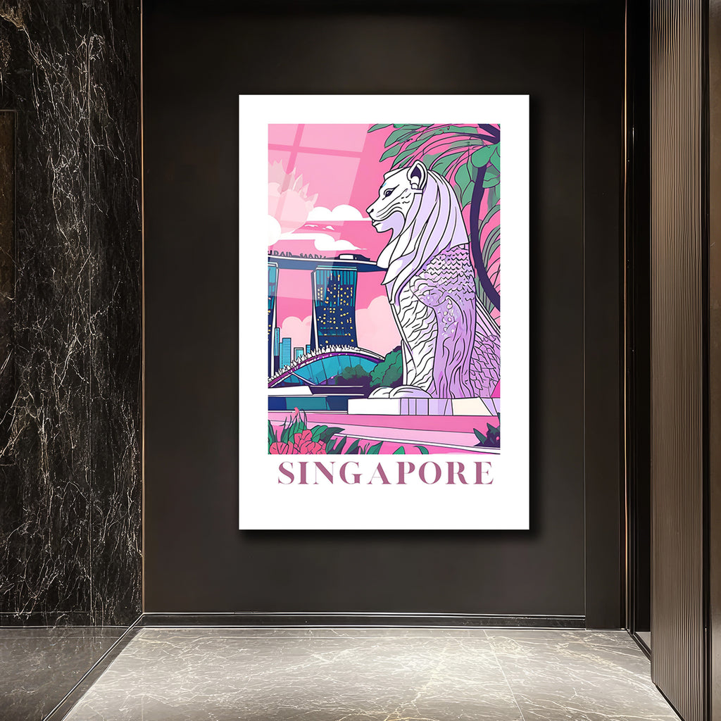 Singapur Merlion Marina Bay Sands Pembe Tonlu Modern Cam Tablo
