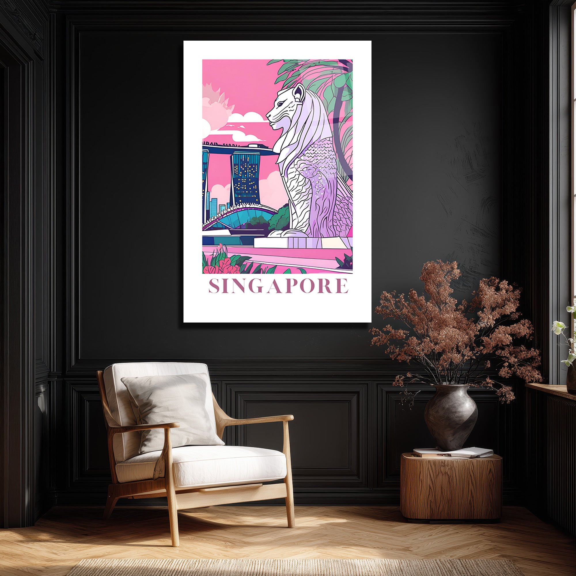 Singapur Merlion Marina Bay Sands Pembe Tonlu Modern Cam Tablo