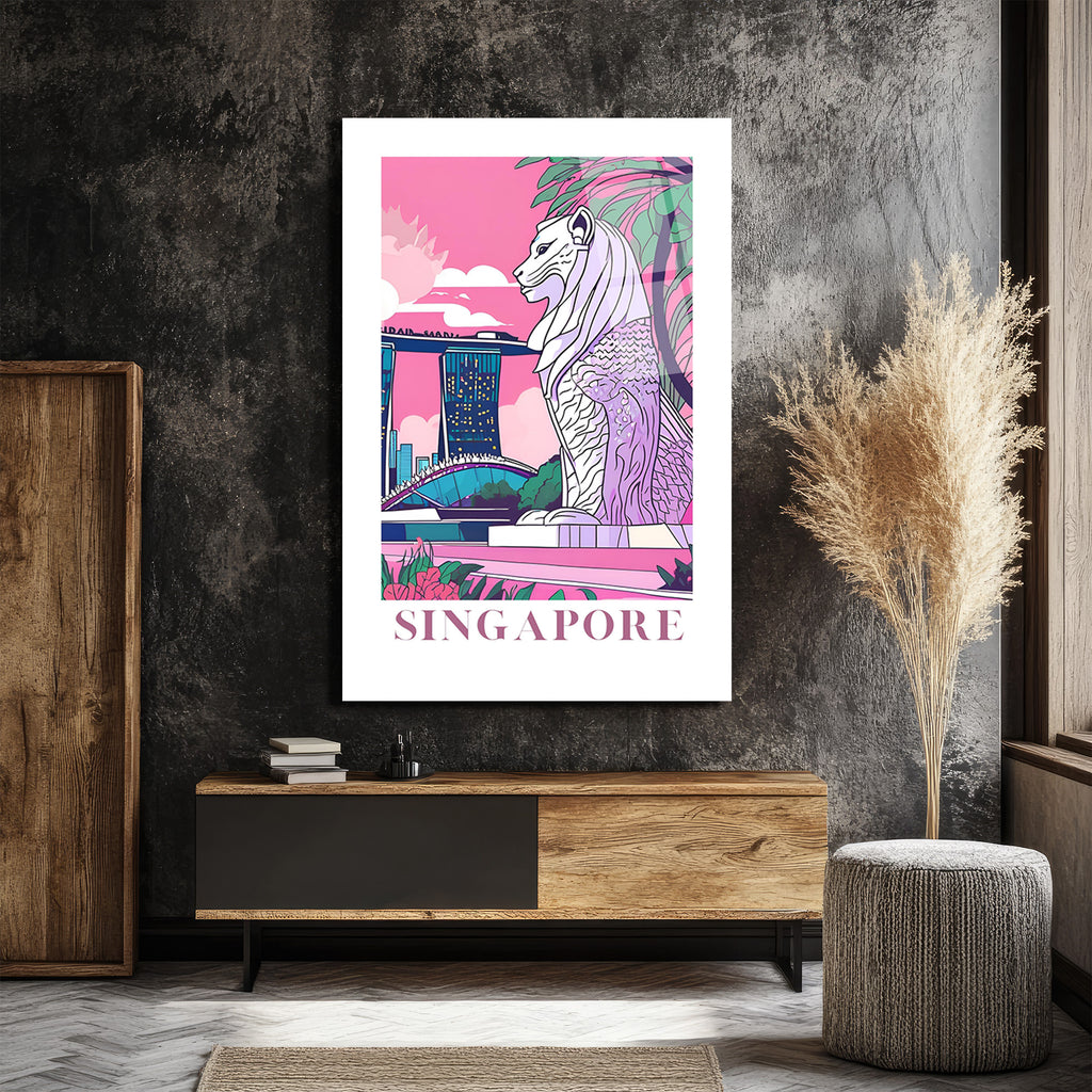 Singapur Merlion Marina Bay Sands Pembe Tonlu Modern Cam Tablo