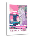 Pembe ve mor tonlarda, modern illüstrasyon tarzında Singapur'un ikonik Merlion heykeli ve Marina Bay Sands otelinin yer aldığı bir cam tablo. Arka planda palmiye ağaçları ve bulutlar, ön planda 'SINGAPORE' yazısı bulunuyor.