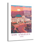 Los Angeles'taki Griffith Gözlemevi'nin gün batımında, pembe ve mor tonlarında, palmiye ağaçları ve şehir silüeti ile resmedilmiş illüstrasyon tarzı cam tablo.