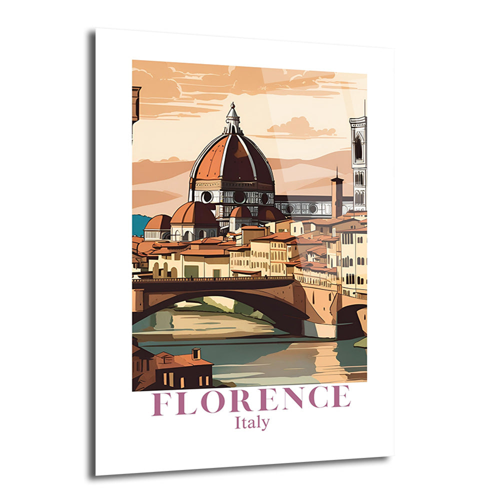 Sıcak tonlarda çizilmiş, İtalya'nın Floransa şehrini gösteren bir cam tablo. Ponte Vecchio köprüsü, Arno Nehri ve şehrin ikonik Duomo kubbesi sanatsal bir illüstrasyonla betimlenmiş. Tablonun altında 'FLORENCE Italy' yazısı yer alıyor.