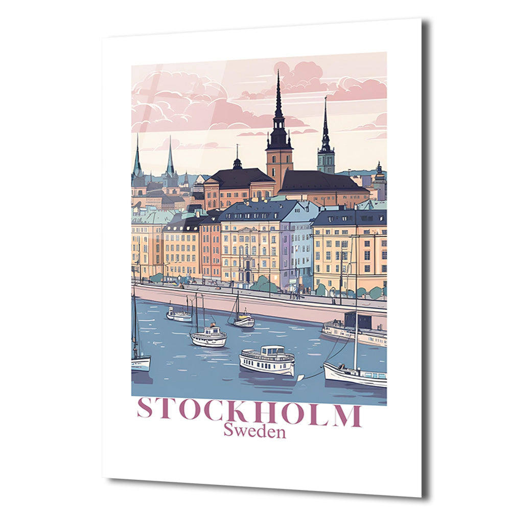 Stockholm Pastel Şehir Manzarası Cam Tablo