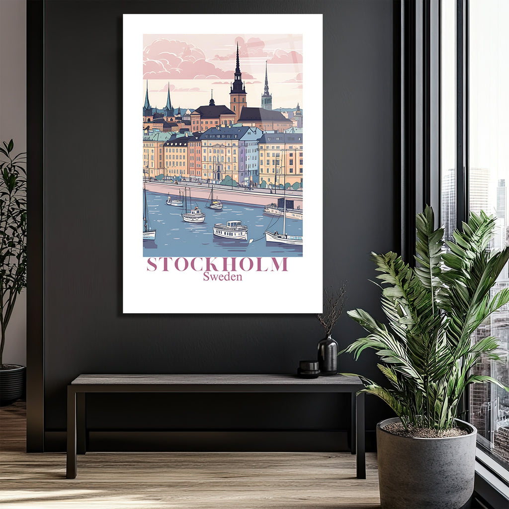 Stockholm Pastel Şehir Manzarası Cam Tablo