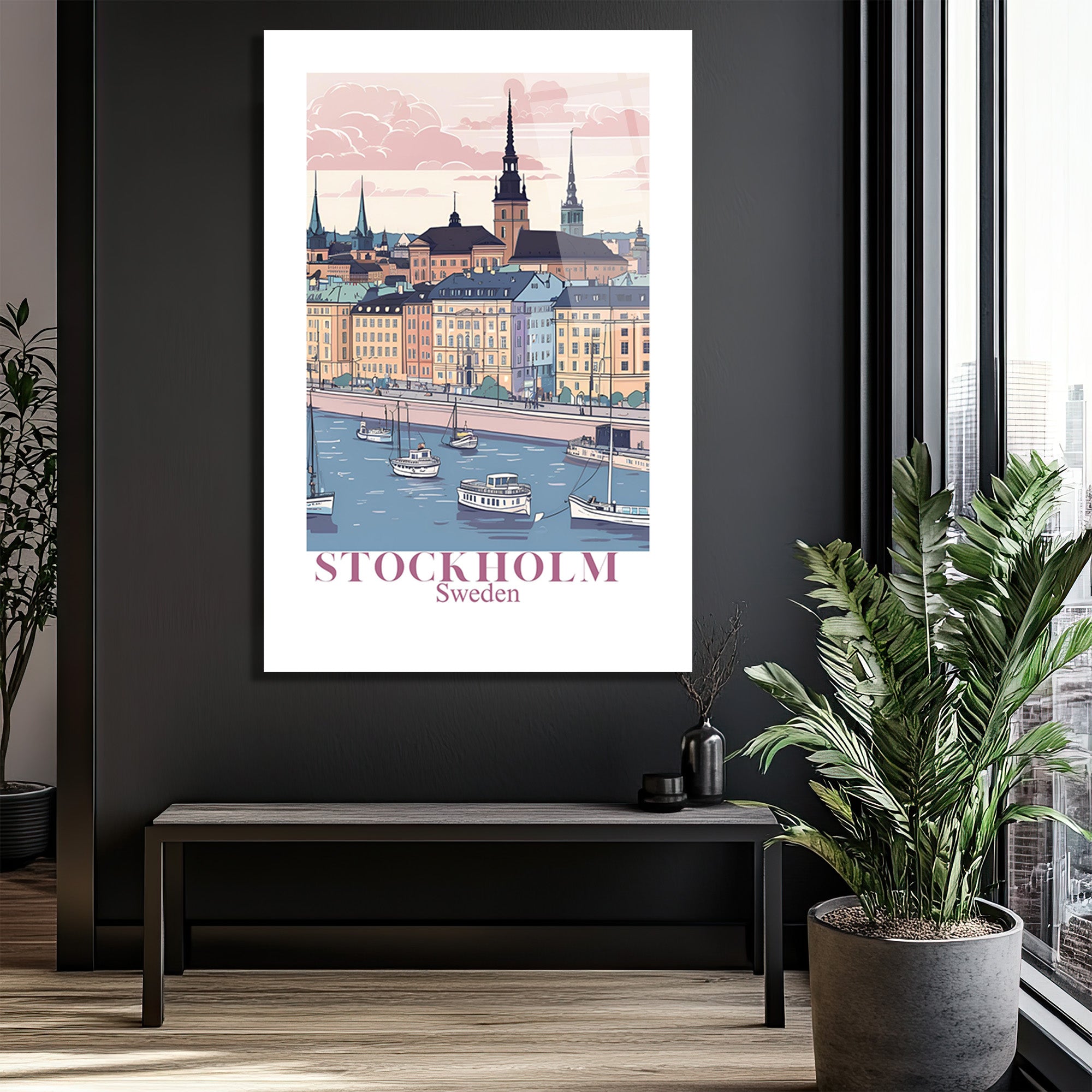 Stockholm Pastel Şehir Manzarası Cam Tablo