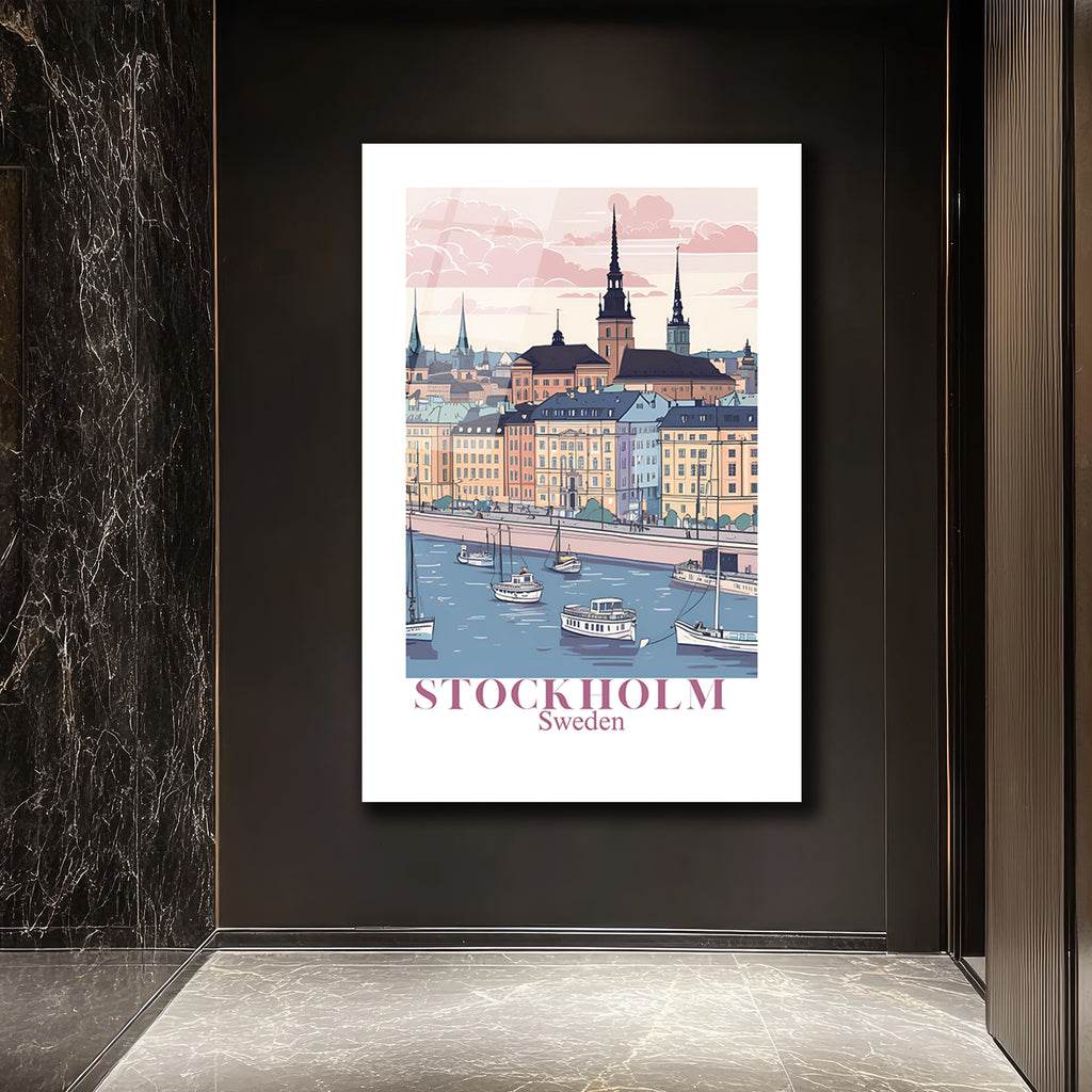 Stockholm Pastel Şehir Manzarası Cam Tablo