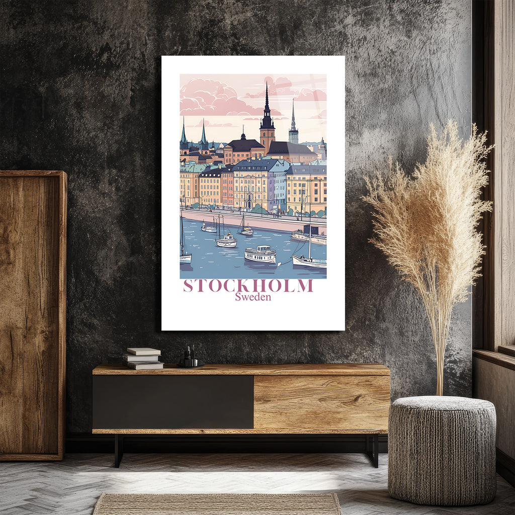 Stockholm Pastel Şehir Manzarası Cam Tablo