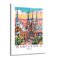 Canlı renklerle çizilmiş, Barcelona'daki Sagrada Familia bazilikasının modern ve stilize bir illüstrasyonu. Mavi, turuncu ve yeşil tonların hakim olduğu görselde, bazilikanın ikonik kuleleri ve çevresindeki şehir manzarası resmedilmiştir. Altta 'BARCELONA Spain' yazısı bulunmaktadır.