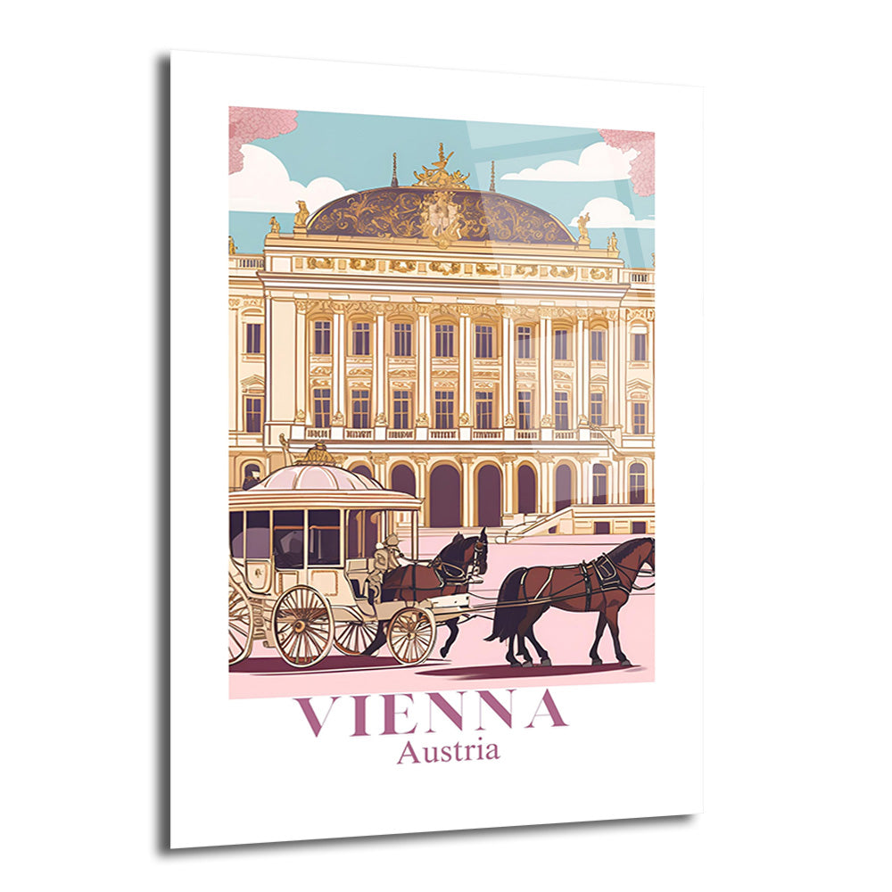 Viyana'nın tarihi binalarından birinin önünde duran atlı faytonun pastel tonlarda resmedildiği, retro tarzda bir cam tablo. Arka planda mavi gökyüzü ve pembe bulutlar, ön planda ise 'VIENNA Austria' yazısı bulunuyor.
