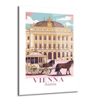 Viyana'nın tarihi binalarından birinin önünde duran atlı faytonun pastel tonlarda resmedildiği, retro tarzda bir cam tablo. Arka planda mavi gökyüzü ve pembe bulutlar, ön planda ise 'VIENNA Austria' yazısı bulunuyor.