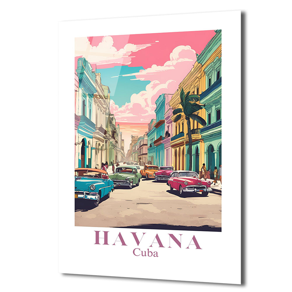 Havana Rüyası Retro Cam Tablo - Küba Sokakları Sanatı