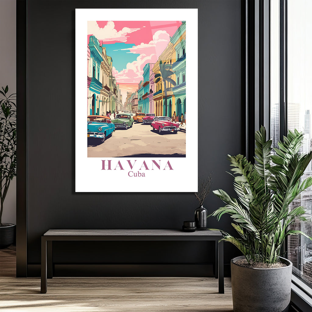 Havana Rüyası Retro Cam Tablo - Küba Sokakları Sanatı