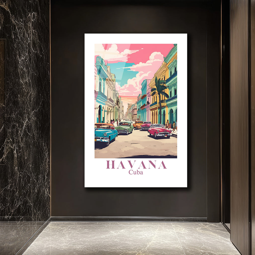 Havana Rüyası Retro Cam Tablo - Küba Sokakları Sanatı
