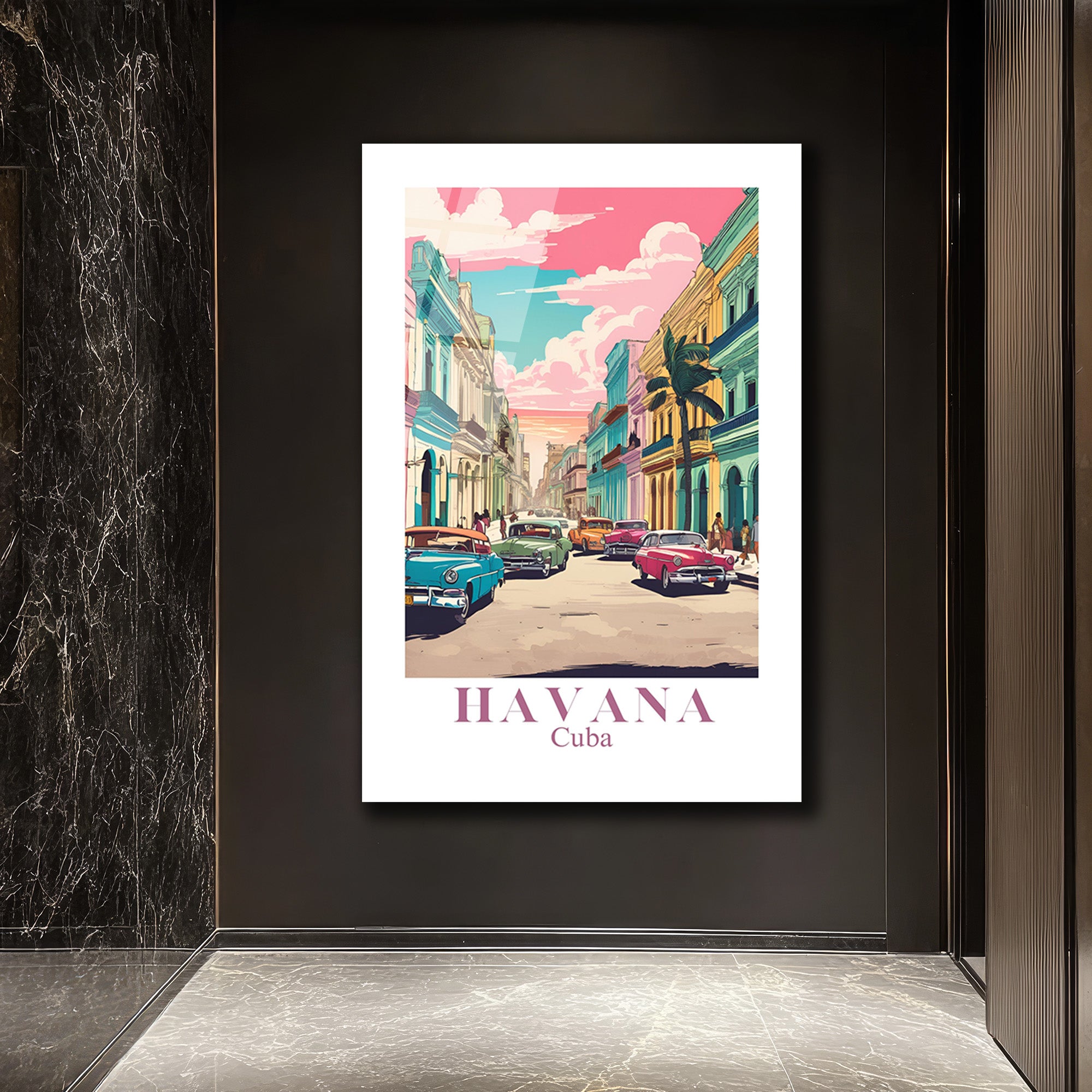 Havana Rüyası Retro Cam Tablo - Küba Sokakları Sanatı