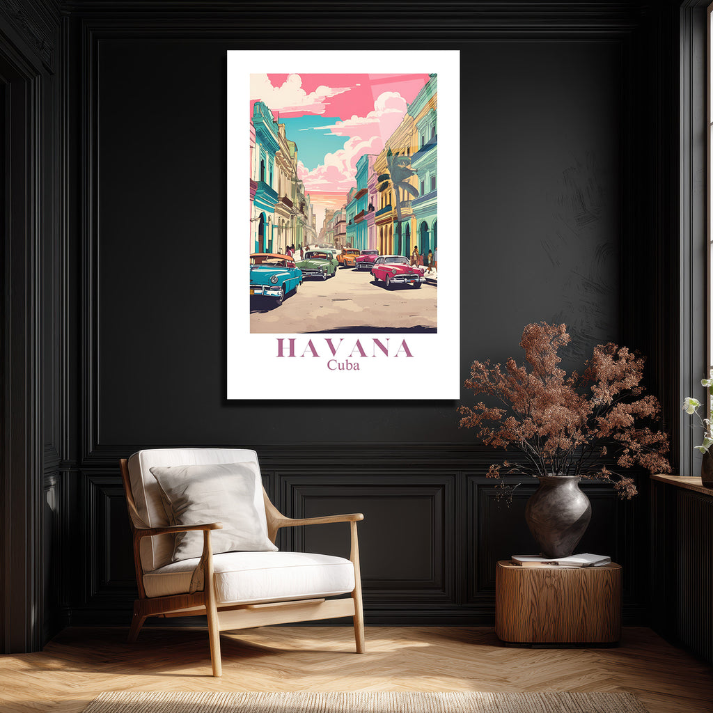 Havana Rüyası Retro Cam Tablo - Küba Sokakları Sanatı