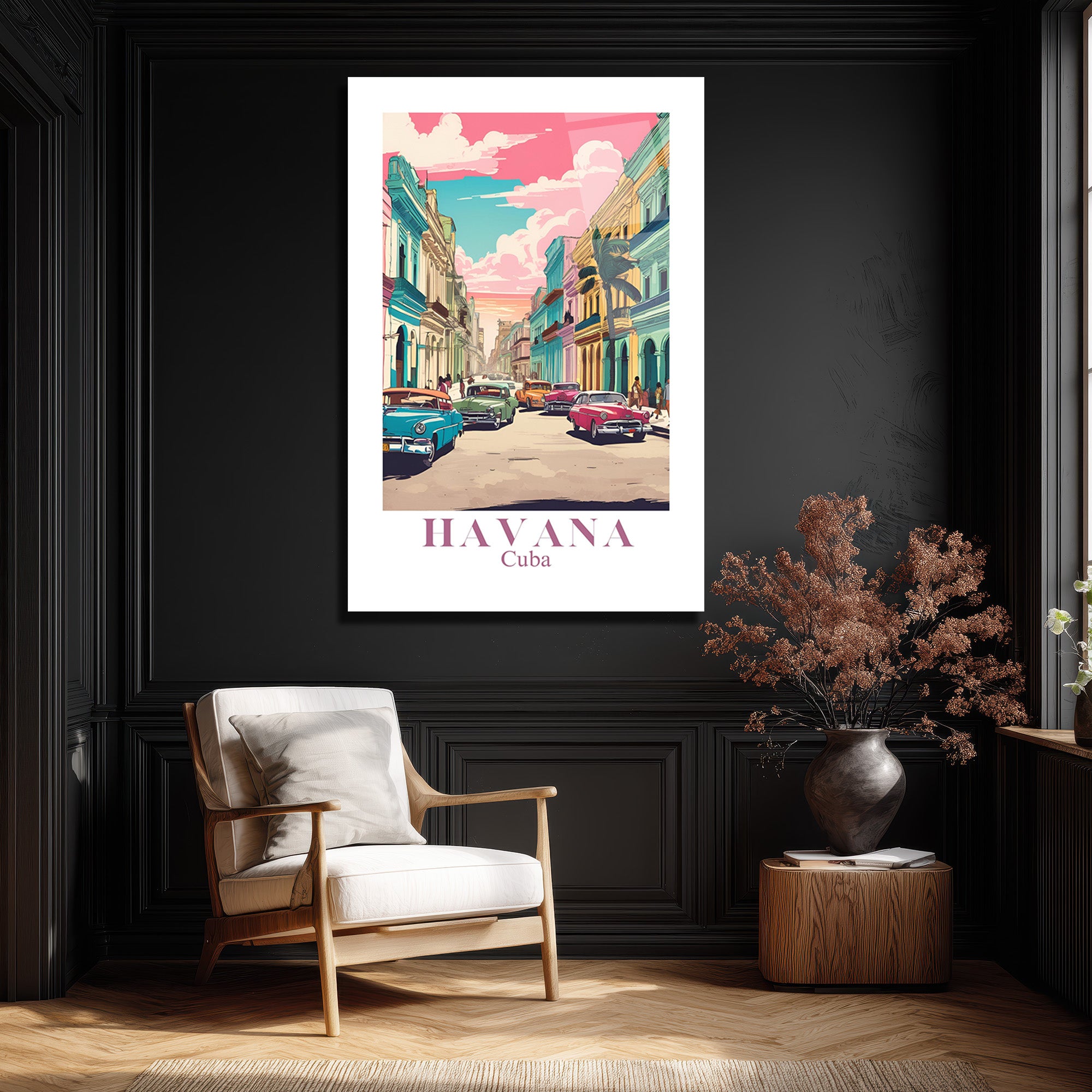 Havana Rüyası Retro Cam Tablo - Küba Sokakları Sanatı