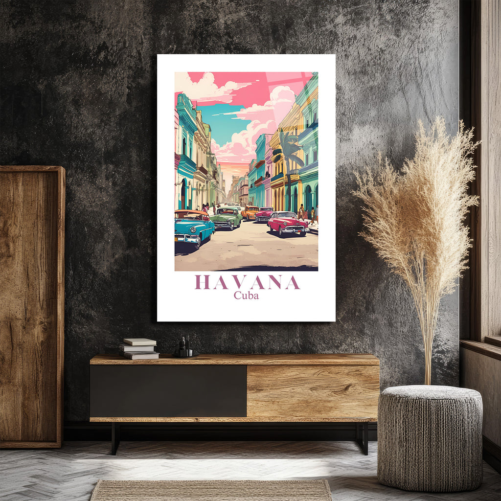 Havana Rüyası Retro Cam Tablo - Küba Sokakları Sanatı