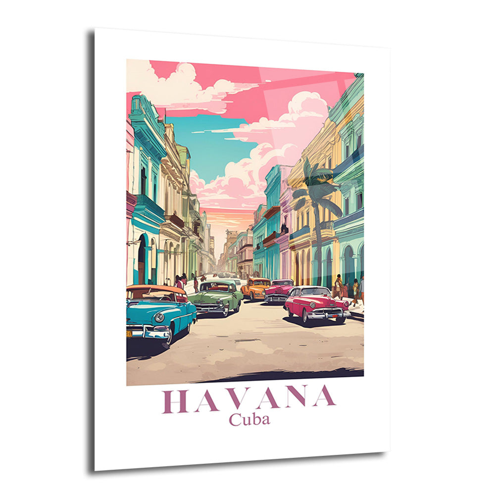 Pembe ve mavi tonlarında gökyüzünün altında, pastel renkli binalar ve klasik Amerikan arabalarıyla dolu, Havana'nın canlı sokaklarını gösteren vintage tarzı bir illüstrasyon.