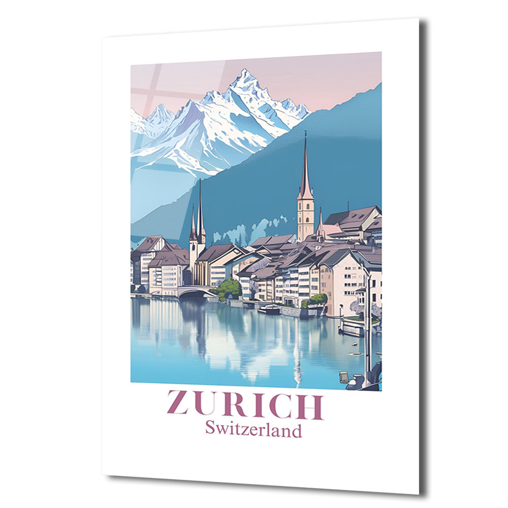 Zürih İsviçre Manzarası Cam Tablo - Alp Dağları ve Nehir Şehri