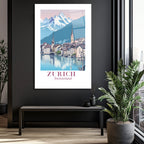 Zürih İsviçre Manzarası Cam Tablo - Alp Dağları ve Nehir Şehri