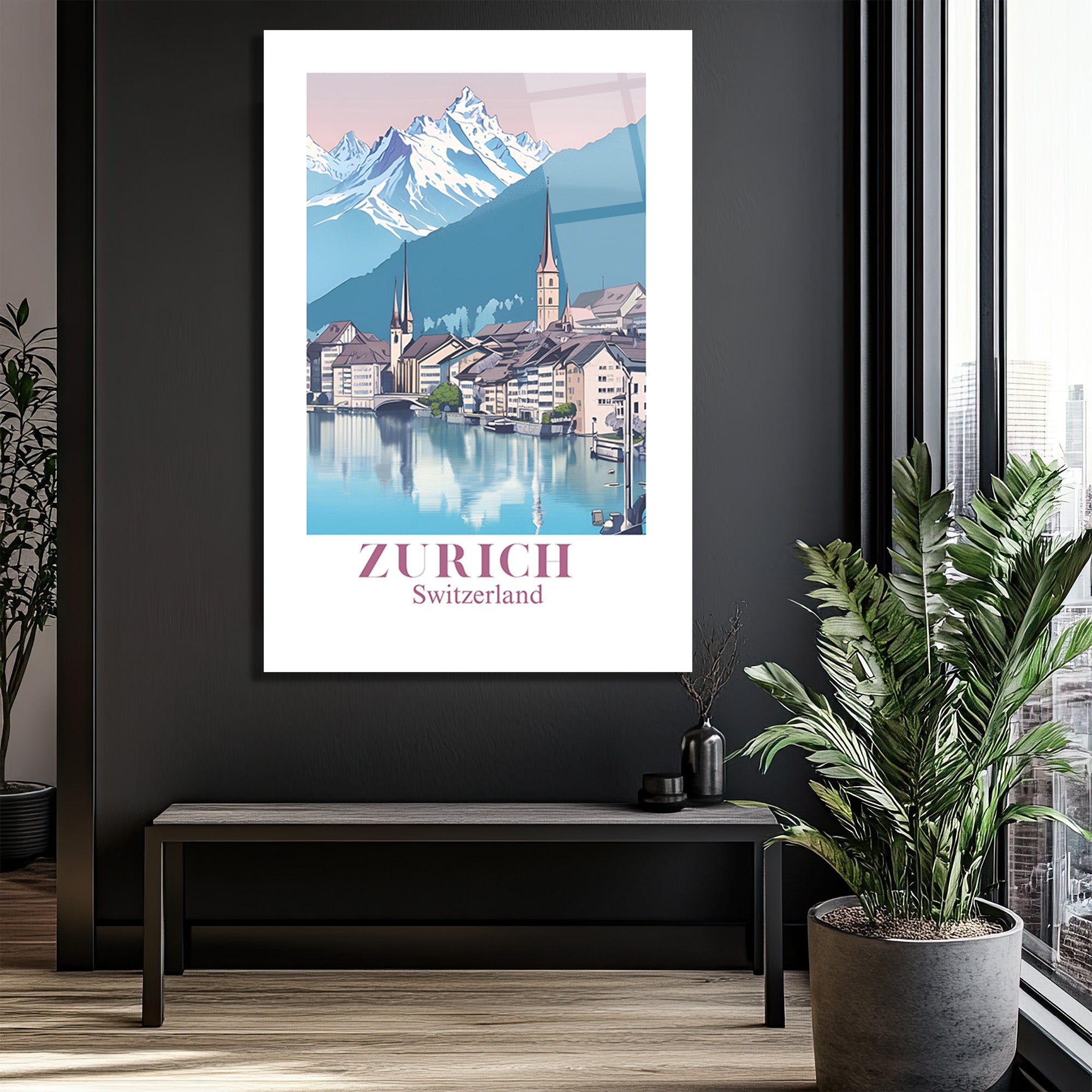 Zürih İsviçre Manzarası Cam Tablo - Alp Dağları ve Nehir Şehri