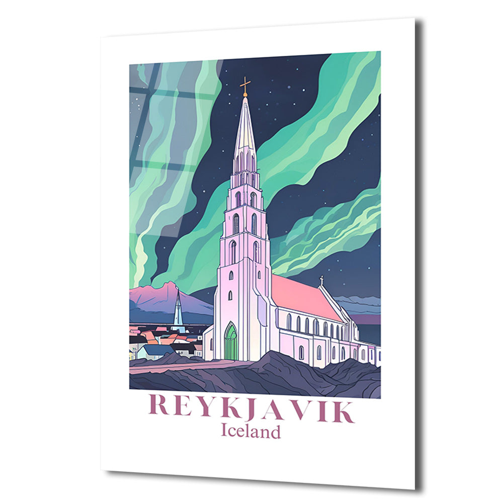 Reykjavik Hallgrímskirkja Kuzey Işıkları Cam Tablo