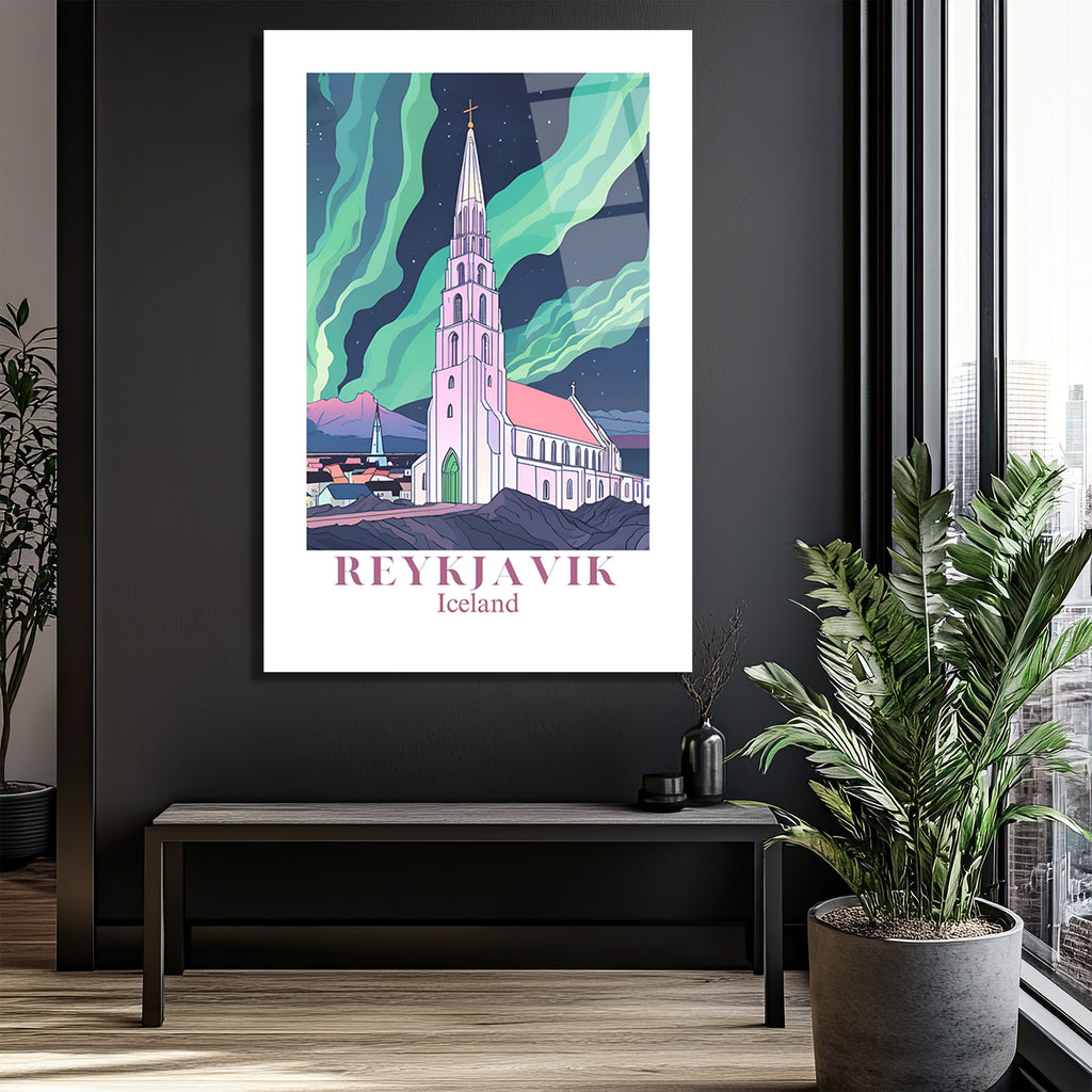 Reykjavik Hallgrímskirkja Kuzey Işıkları Cam Tablo