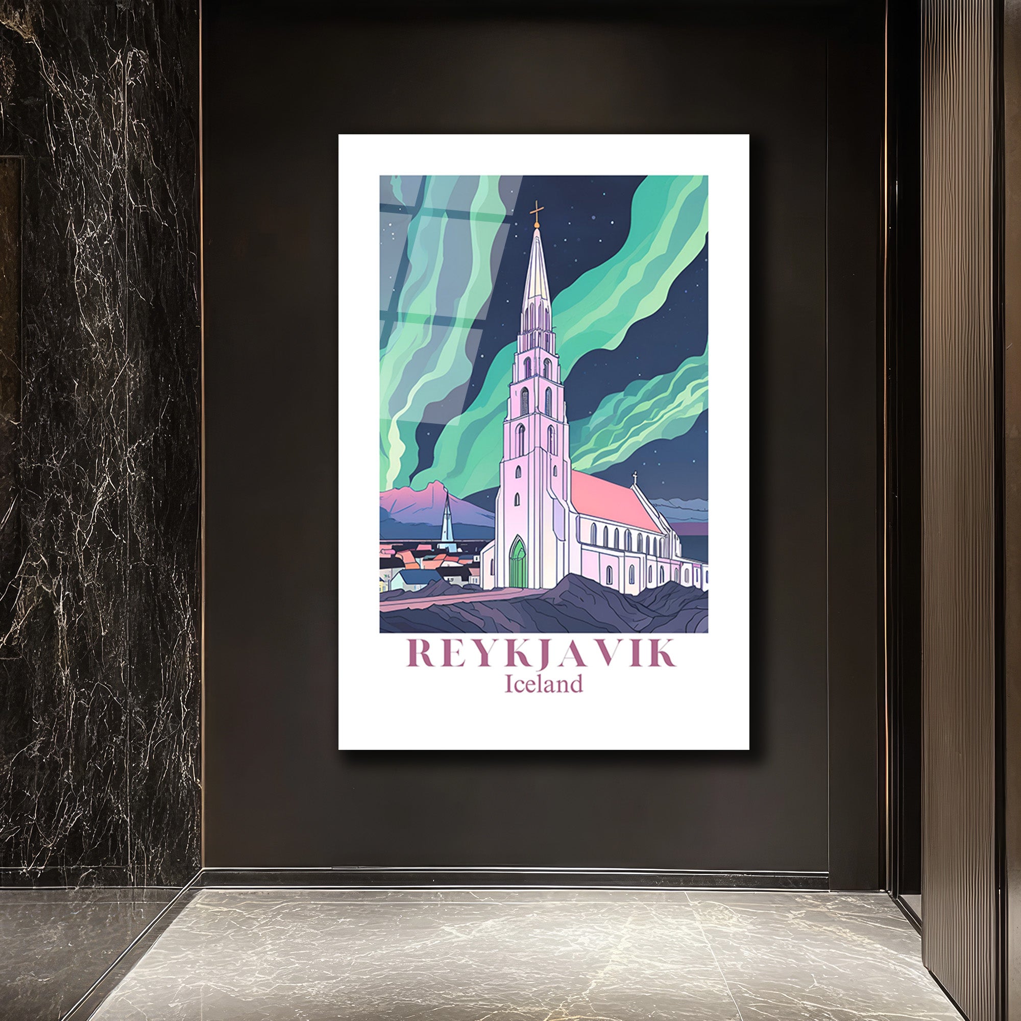 Reykjavik Hallgrímskirkja Kuzey Işıkları Cam Tablo