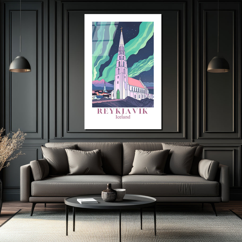 Reykjavik Hallgrímskirkja Kuzey Işıkları Cam Tablo