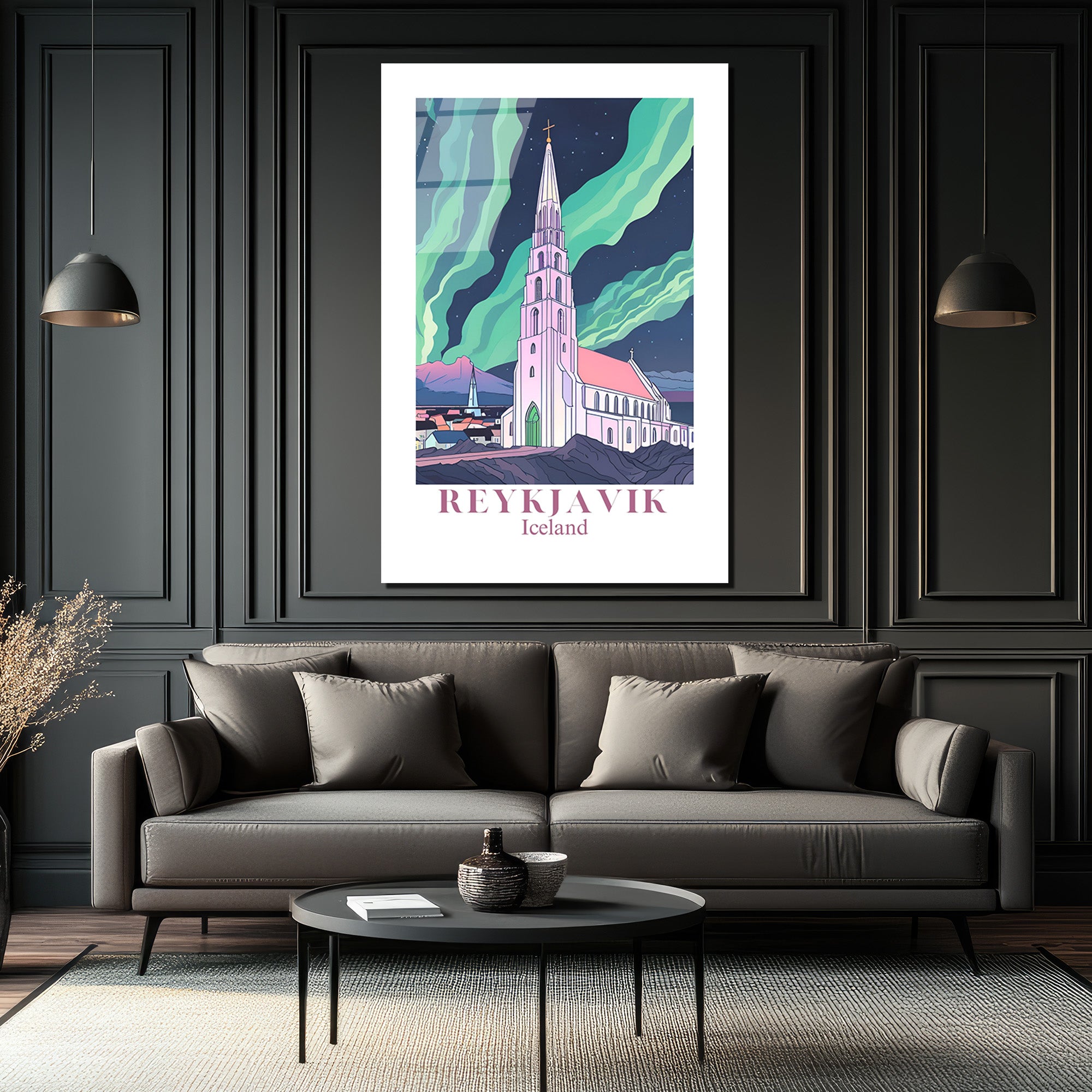 Reykjavik Hallgrímskirkja Kuzey Işıkları Cam Tablo