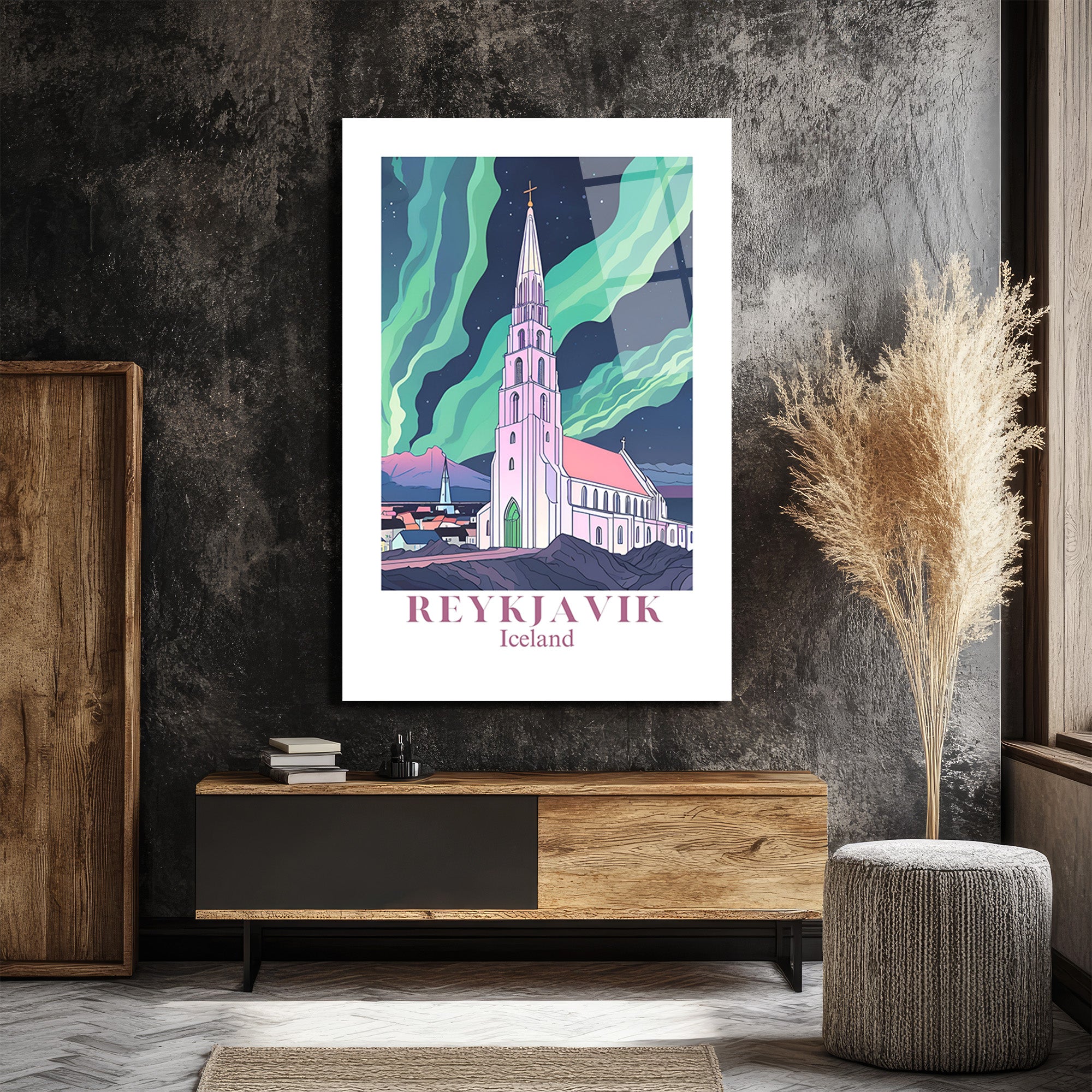 Reykjavik Hallgrímskirkja Kuzey Işıkları Cam Tablo