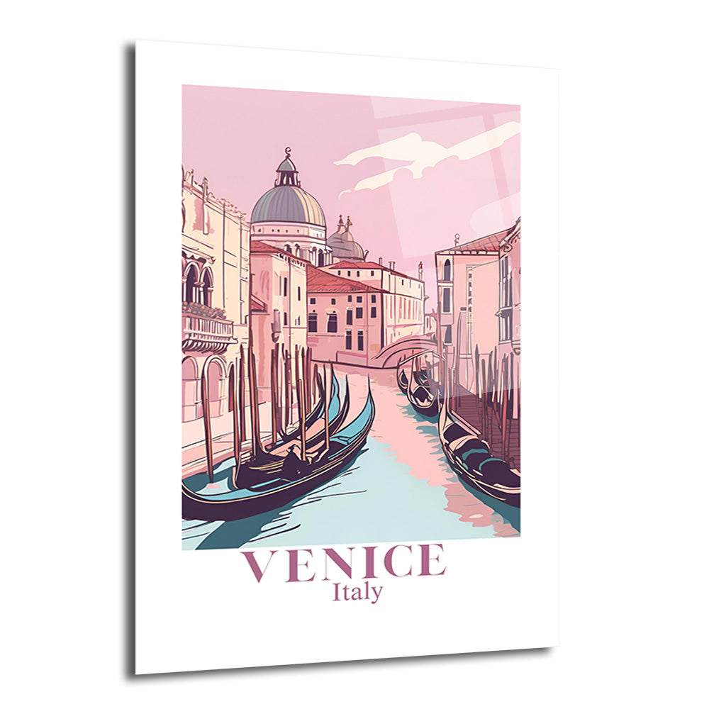 Pastel pembe gökyüzü ve turkuaz kanalıyla Venedik'in gondollarını, tarihi binalarını ve kubbeli kilise silüetini gösteren sanatsal bir illüstrasyon cam tablo. Altta 'VENICE Italy' yazısı yer alıyor.