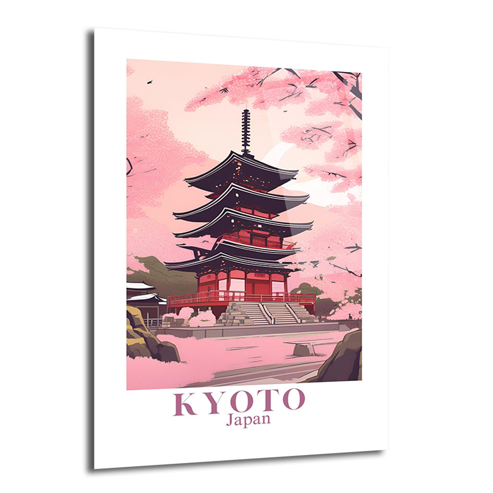 Pembe ve kırmızı tonlarında, Japonya'nın Kyoto şehrindeki geleneksel bir pagoda tapınağının sakura ağaçlarıyla çevrili olduğu illüstrasyon tarzı cam tablo. Tablonun altında 'Kyoto Japan' yazısı bulunmaktadır.