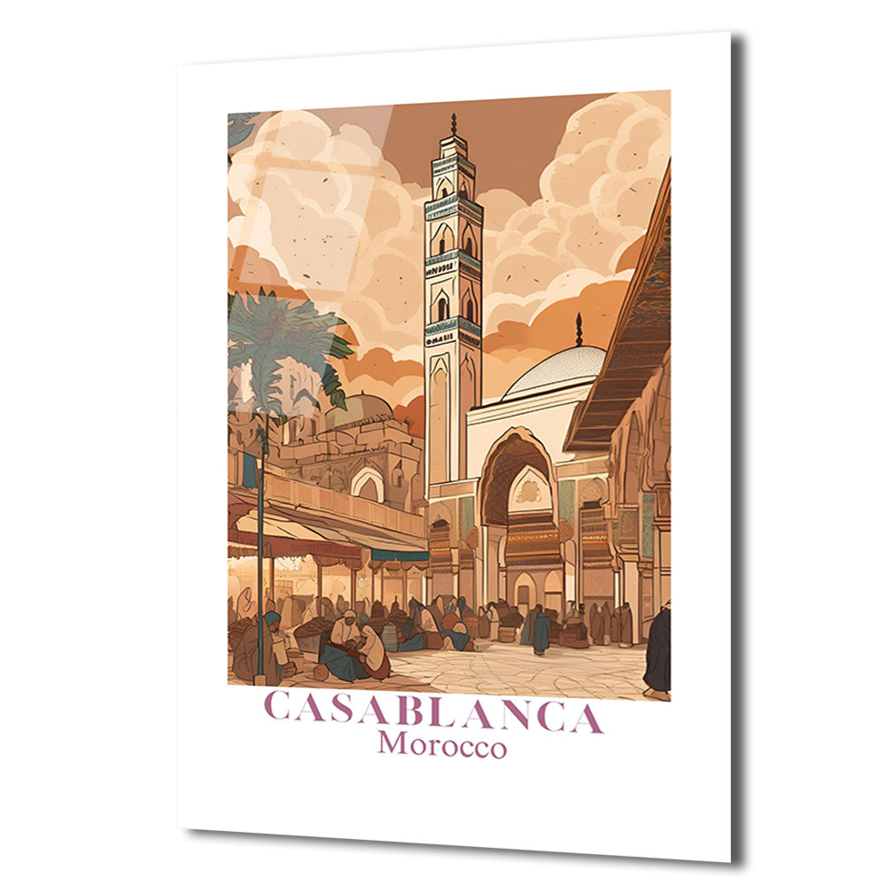 Casablanca Fas Minareli Şehir Manzarası Cam Tablo