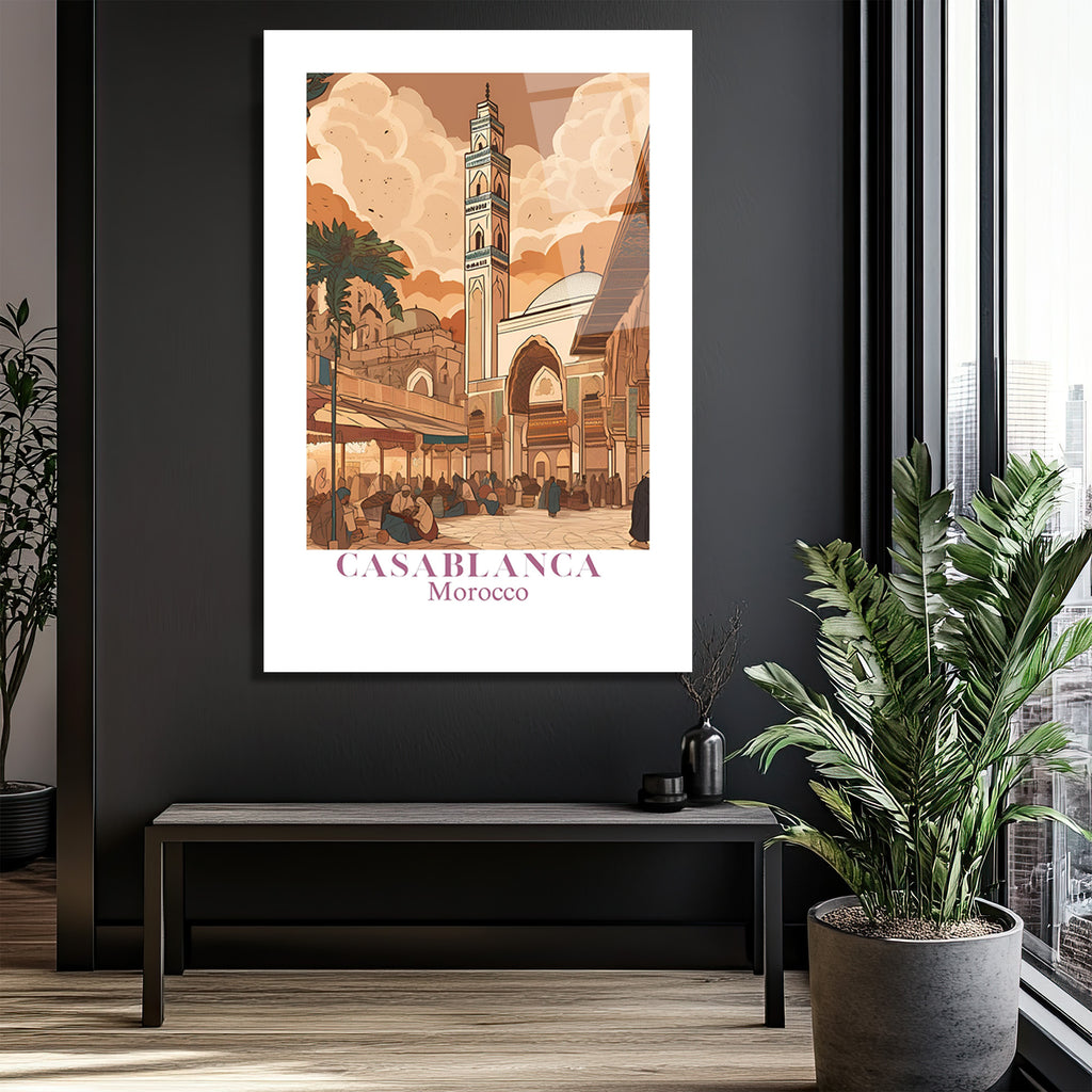 Casablanca Fas Minareli Şehir Manzarası Cam Tablo