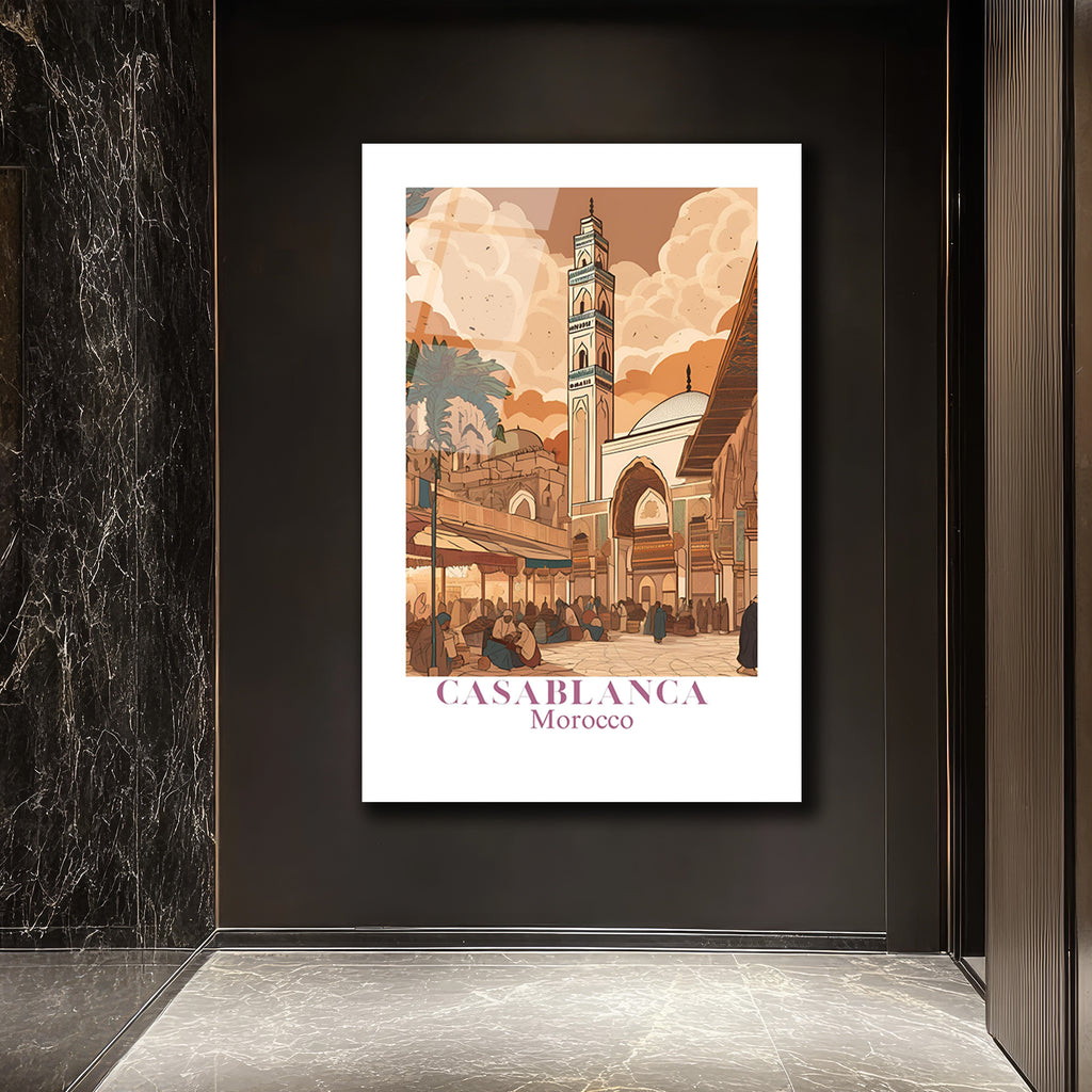 Casablanca Fas Minareli Şehir Manzarası Cam Tablo