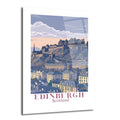 Edinburgh Kalesi ve İskoçya'nın tarihi şehir silüetini gösteren, tepede yükselen kale ve etrafındaki eski binaların yer aldığı, mor ve pastel tonlarda çizim tarzı bir cam tablo.