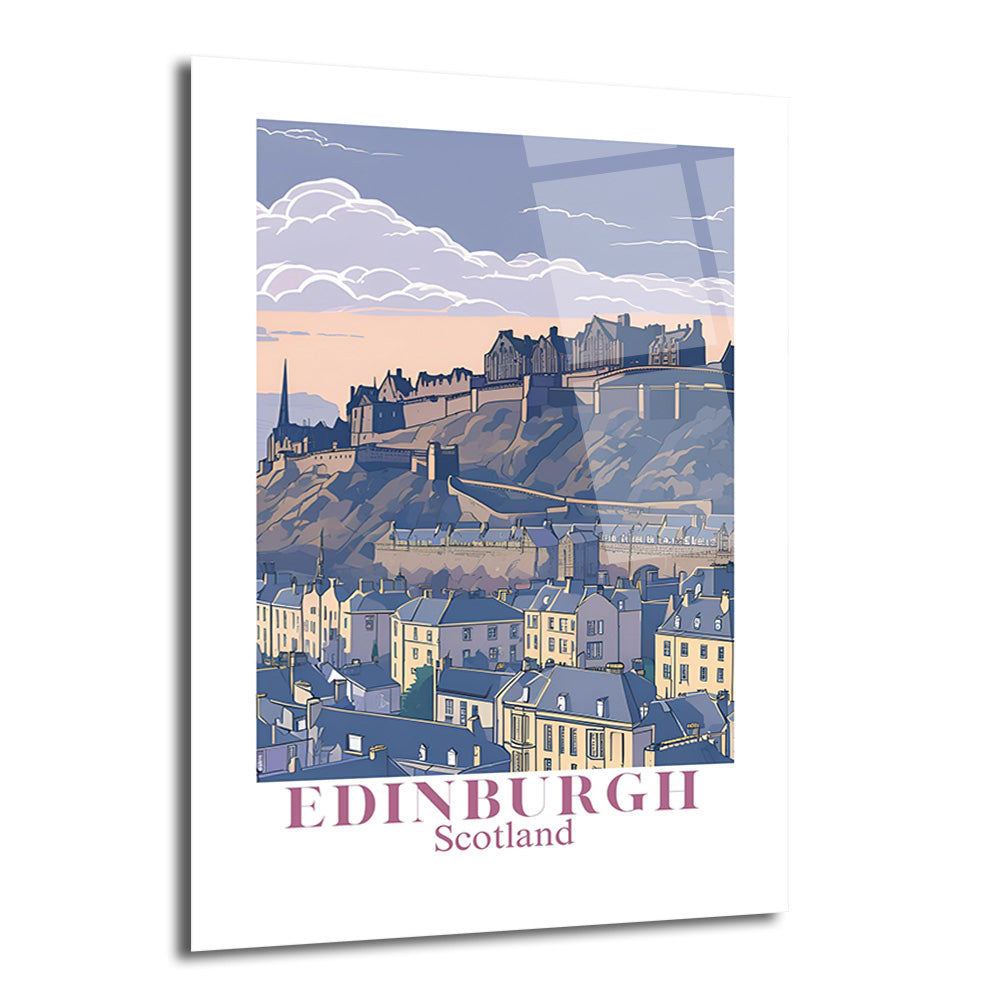 Edinburgh Kalesi ve İskoçya'nın tarihi şehir silüetini gösteren, tepede yükselen kale ve etrafındaki eski binaların yer aldığı, mor ve pastel tonlarda çizim tarzı bir cam tablo.