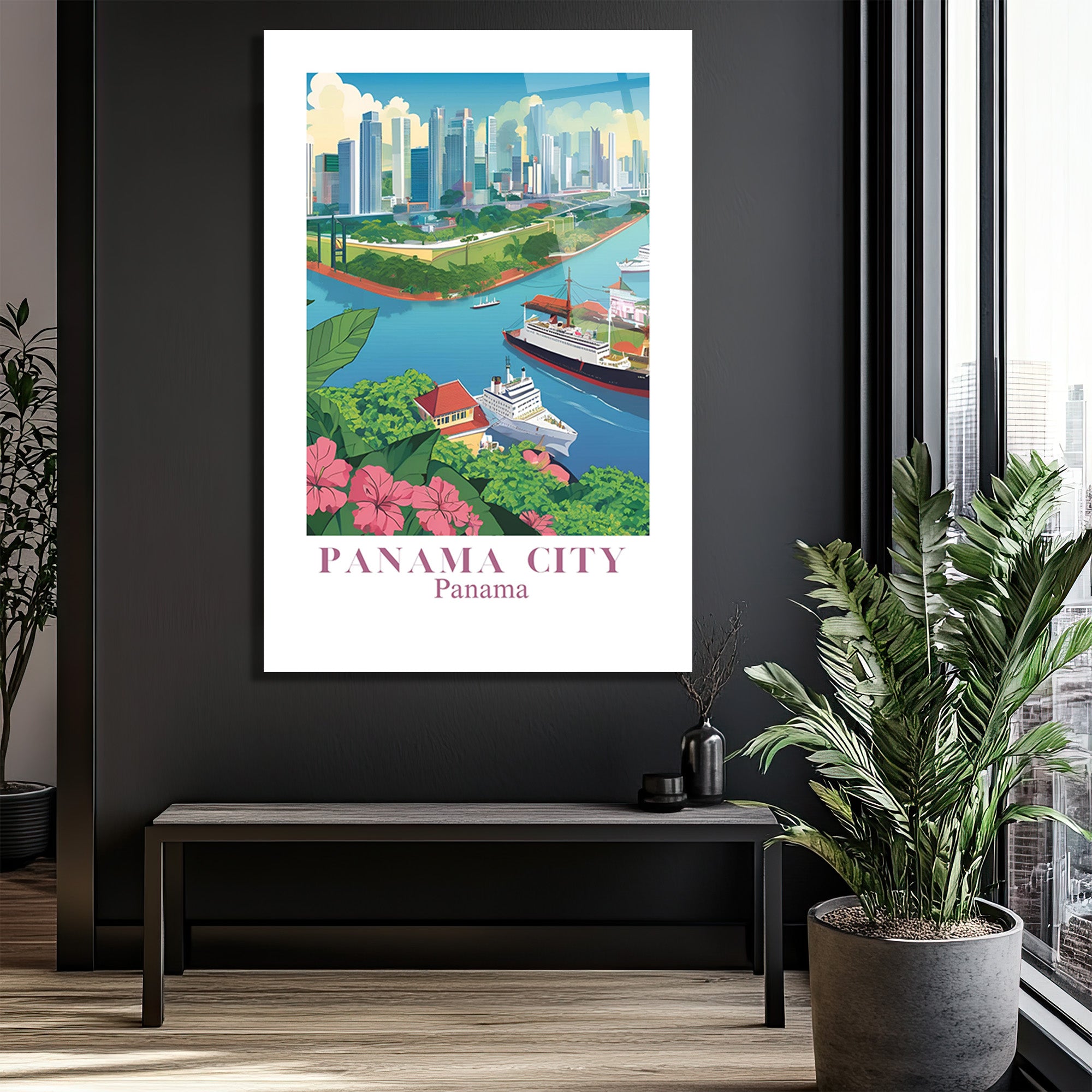 Panama City Modern Sanat Cam Tablo - Şehir ve Kanal Manzarası