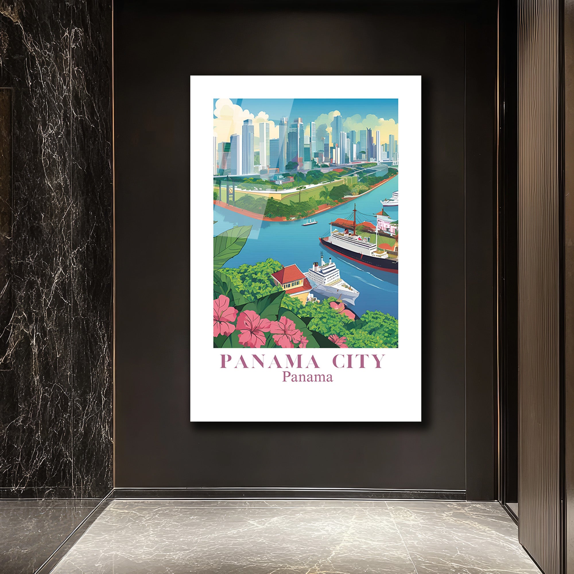 Panama City Modern Sanat Cam Tablo - Şehir ve Kanal Manzarası