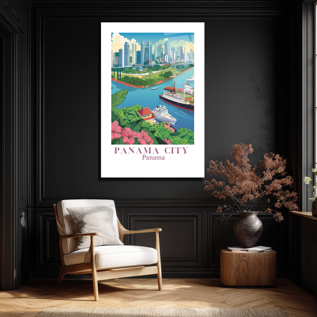 Panama City Modern Sanat Cam Tablo - Şehir ve Kanal Manzarası
