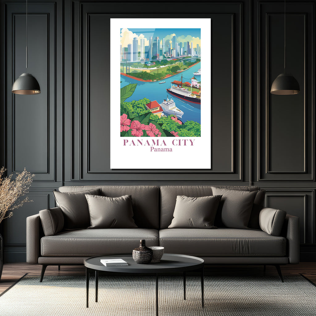 Panama City Modern Sanat Cam Tablo - Şehir ve Kanal Manzarası