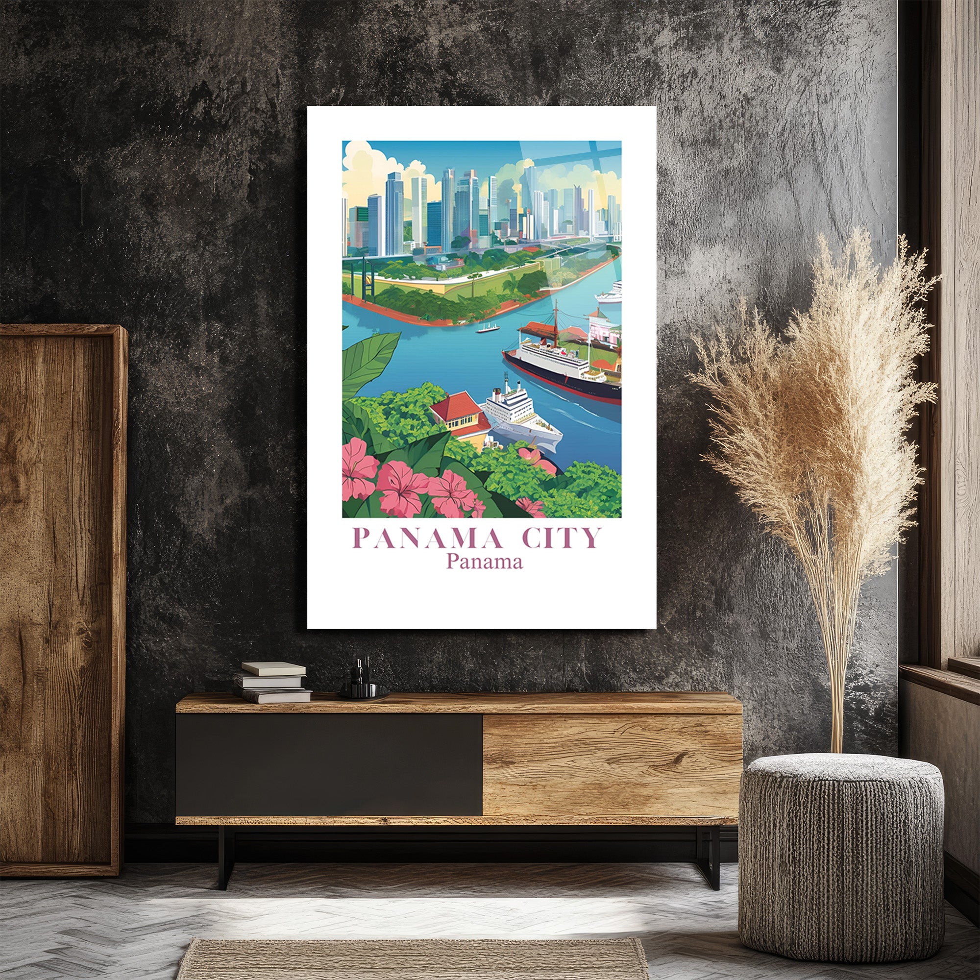 Panama City Modern Sanat Cam Tablo - Şehir ve Kanal Manzarası