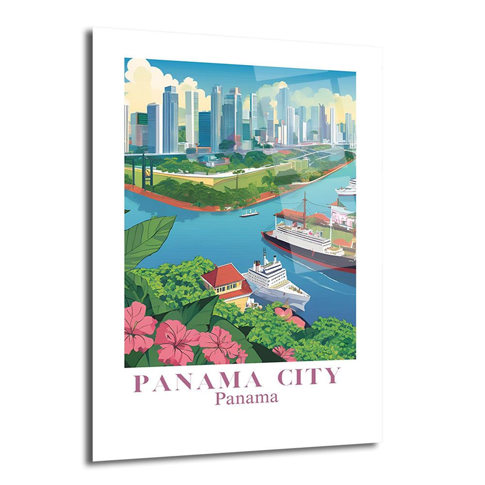 Panama City'nin modern siluetini, canlı yeşil bitki örtüsünü, pembe çiçekleri ve kanalda seyreden gemileri gösteren stilize edilmiş bir illüstrasyon. Parlak mavi gökyüzü ve turkuaz su tonları hakimdir.