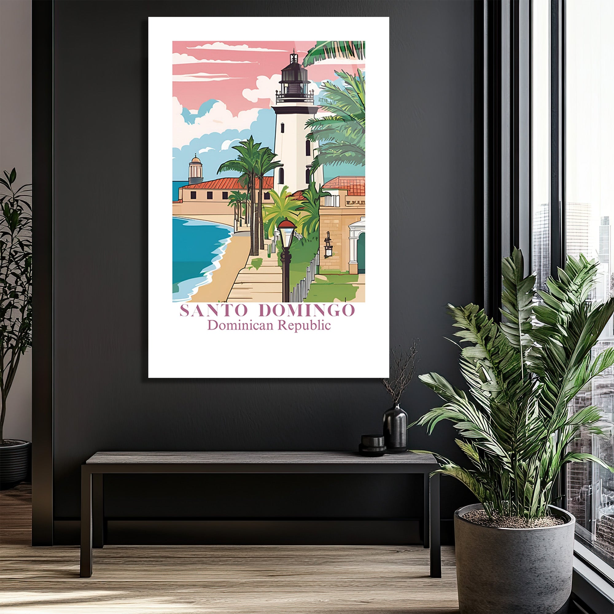 Santo Domingo Sahili Deniz Feneri Manzarası Cam Tablo